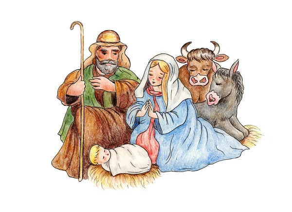Acuarela Pintada Mano Sobre Papel Que Representa Nacimiento Jesús — Foto de Stock