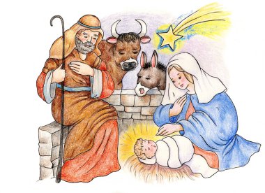 İsa 'nın doğuş sahnesi kağıda elle yazılmış.