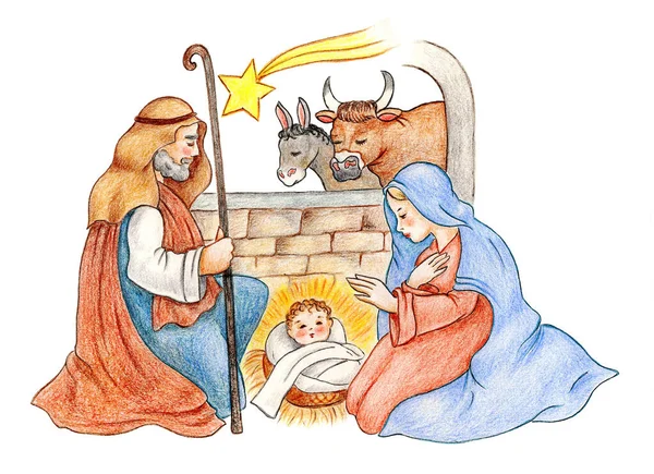 色鉛筆で紙に手描きで描かれたイエスのキリスト降誕シーン — ストック写真