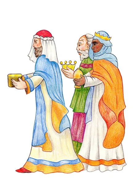 Illustration representing the three wise men with gifts for Jesus
