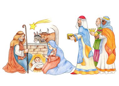 Kutsal aile ve büyücüler beyaz arka planda hediyeler veriyorlar.