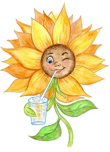 Illustration Cute Sunflower Drinking Soft Drink — Foto de Stock