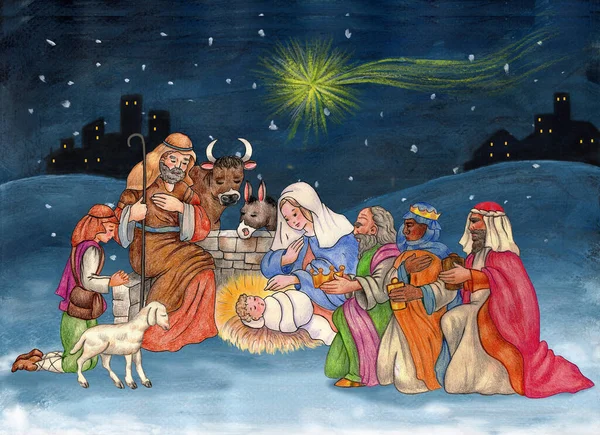 Illustration Nativity Christ Magi Shepherd — Stock fotografie