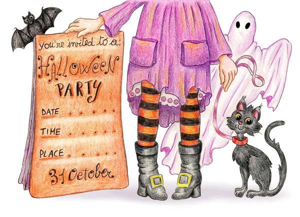 Illustrazione Disegnata Mano Carta Con Matite Colorate Simpatico Invito Halloween — Foto Stock