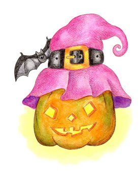 Cadı şapkalı balkabağı suluboya ve renkli kalemlerle resmedilmiş kağıt üzerinde