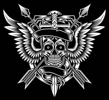 kanatlı kafatası kılıç ve ok ile