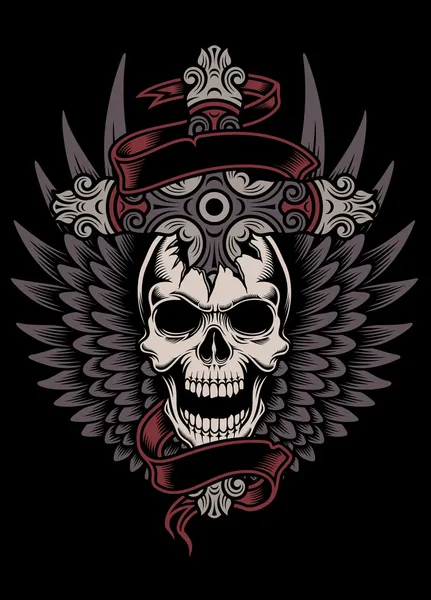 Winged Skull met Cross — Stockvector