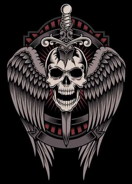 Calavera alada con espada atascada — Vector de stock