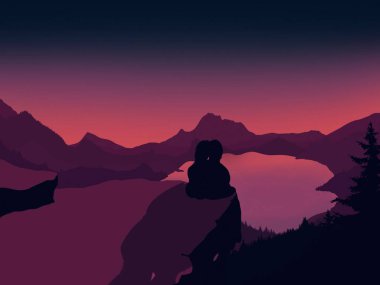 Sitting man looking at the mountain and contemplating something. Lofi. Aesthetics 