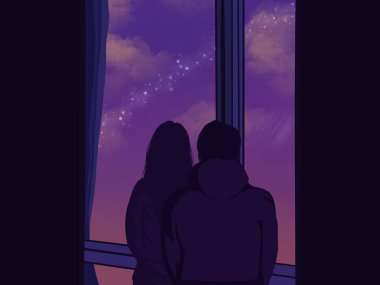 The man and girl standing watching the sunset. Lofi. Aesthetic