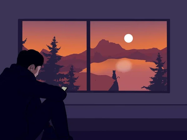 Man Sitting Bedroom Window Contemplating Something Sun Goes Evening — Foto Stock
