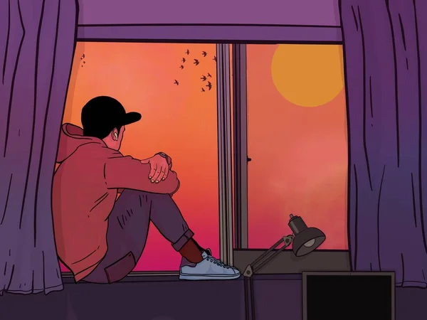 Man Sitting Bedroom Window Contemplating Something Sun Goes Evening — Foto Stock