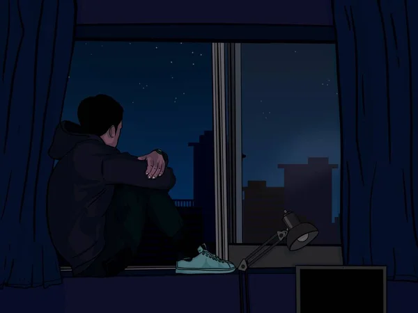 Man Sitting Bedroom Window Contemplating Something Sun Goes Evening — Stock Fotó