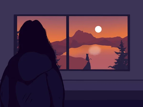 Lofi Girl Standing Cliff Watching Boyfriends Sunset Lofi Aesthetic — Stock Fotó