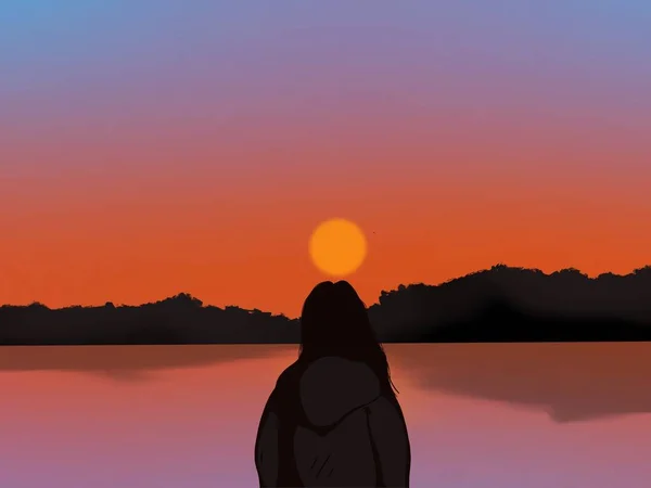 Lofi Girl Standing Watching Sunset Lofi Aesthetic — Stock Fotó