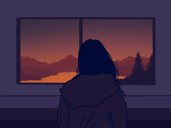 Lofi Girl Standing Watching Sunset Lofi Aesthetic — Stock fotografie