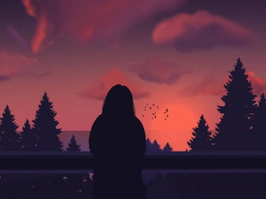 The girl standing on the cliff watching the sunset. Lofi girl. Aesthetic