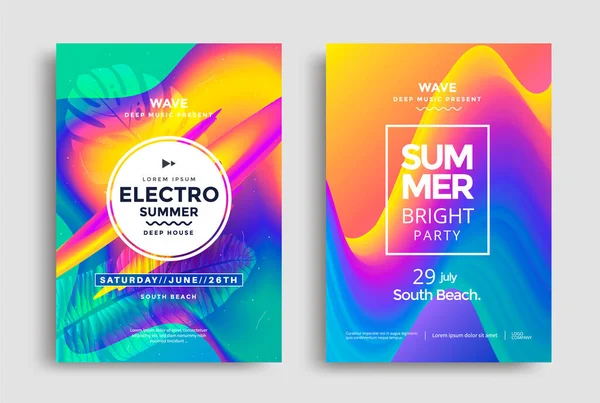 Electro pôster de música de verão com onda de fluido colorido — Vetor de Stock