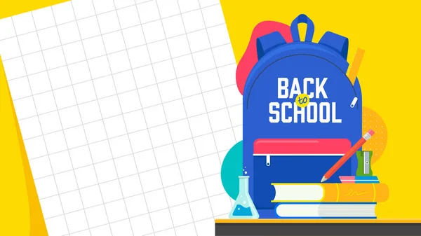 Volver al fondo de la escuela con útiles escolares — Vector de stock