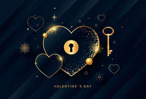 Valentines day gold heart greeting card design — Stock Vector