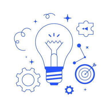 Blue light bulb with gear and other elements. Ideas creativity, inspiration, innovation. Vector illustration