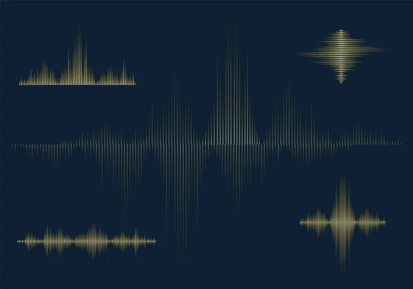 Gold Sounds Waves Set Dark Background Golden Lines Equalizer Musical — Stockvector