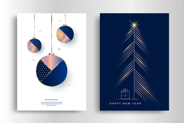 Πρωτοχρονιά Ευχετήρια Κάρτα Σχεδιασμού Στυλιζαρισμένο Χριστουγεννιάτικο Δέντρο Και Μπάλες Καλά — Διανυσματικό Αρχείο