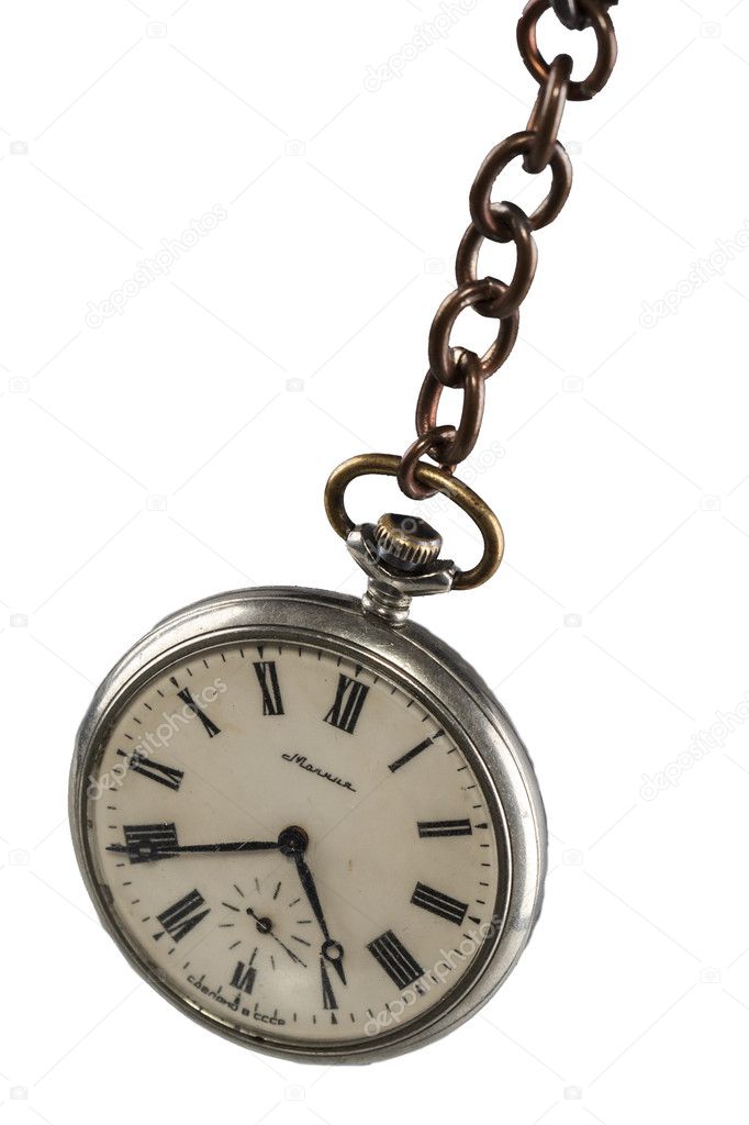 old pocket watch on a white background. Watch on a chain