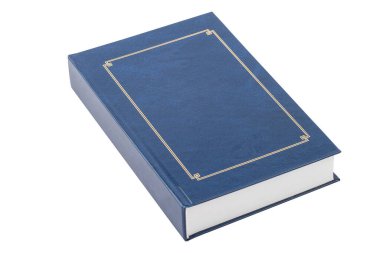Mavi kapaklı, beyaz bir yüzeye yerleştirilmiş bir kitap. İzole edilmiş. Deri kabartma
