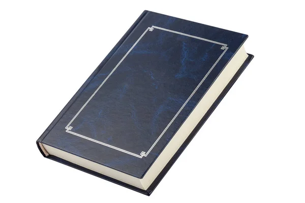 Książka Niebieską Okładką Umieszczona Białej Powierzchni Odizolowany Wytłaczanie Skóry — Zdjęcie stockowe