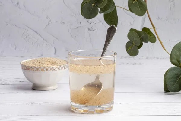 Gel Psyllium Est Obtenu Mélangeant Poudre Enveloppe Psyllium Avec Eau — Photo