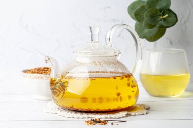 Güzel bir çaydanlıkta karabuğday çayı, Ku Qiao çayı ya da köpek çayının başka bir adı bize doğudan geldi. Tatar ya da kara karabuğday adı verilen bir bitkiden elde edilir..