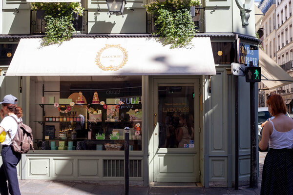Paris, France, July 2022 - Ladure is a French patisserie founded in 1862. It is one of the most famous pasta producers in the world. The headquarters is located in Marc-en-Bareul, France.