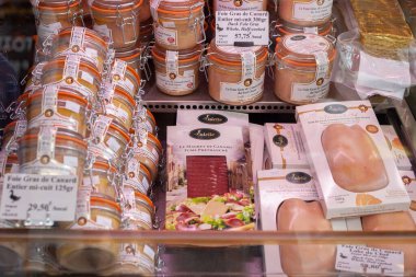 Paris, France - September 05, 2022: Foie gras in a glass jar. Foie gras - a specially prepared liver of a fattened goose or duck