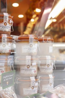 Paris, France - September 05, 2022: Foie gras in a glass jar. Foie gras - a specially prepared liver of a fattened goose or duck