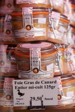 Paris, France - September 05, 2022: Foie gras in a glass jar. Foie gras - a specially prepared liver of a fattened goose or duck