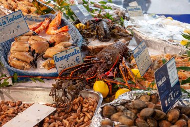 Paris, France - September 05, 2022: Sea delicacies in Paris on Rue Muftard