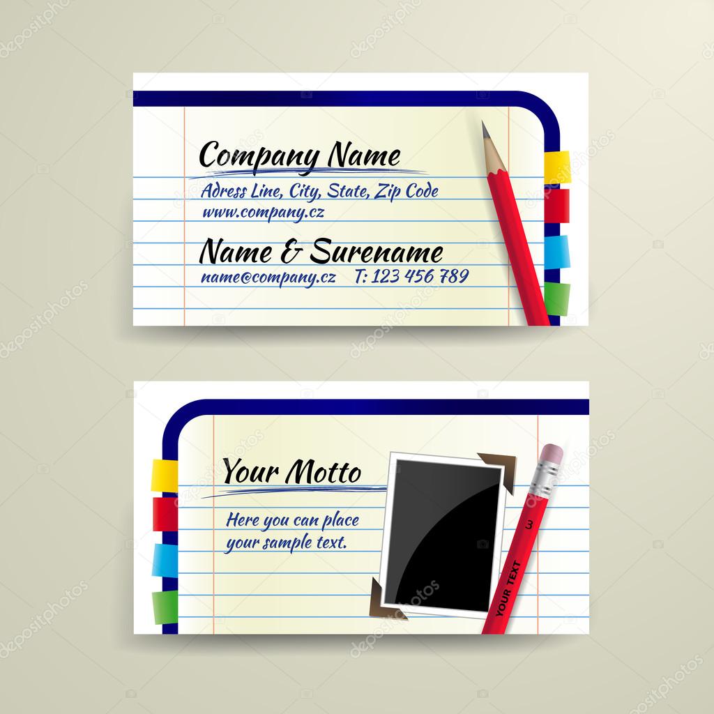 Vector business card with pencil and notebook - front and back site