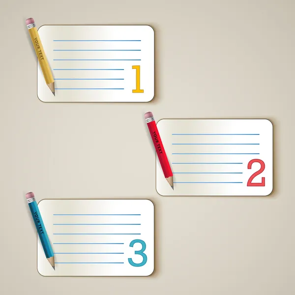 Opções de papel com lápis amarelo, vermelho e azul - um, dois, três no fundo bege Vetor De Stock