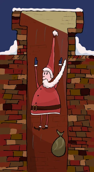 Papai Noel caindo em uma chaminé de tijolo . — Vetor de Stock