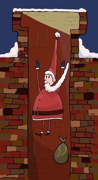 Santa Claus cayendo en una chimenea de ladrillo . — Vector de stock