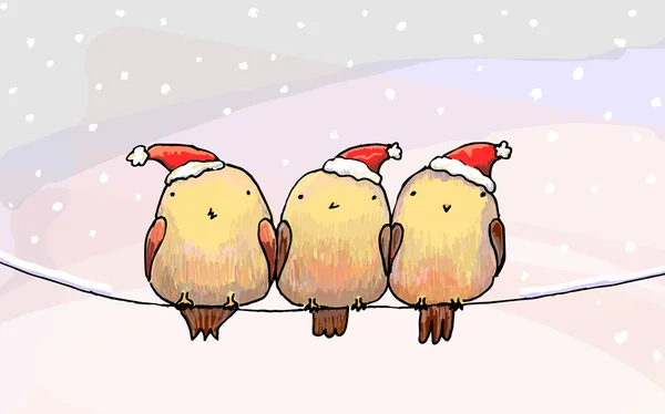 Tre simpatici uccelli in cappelli di Natale seduti su un filo . — Vettoriale Stock