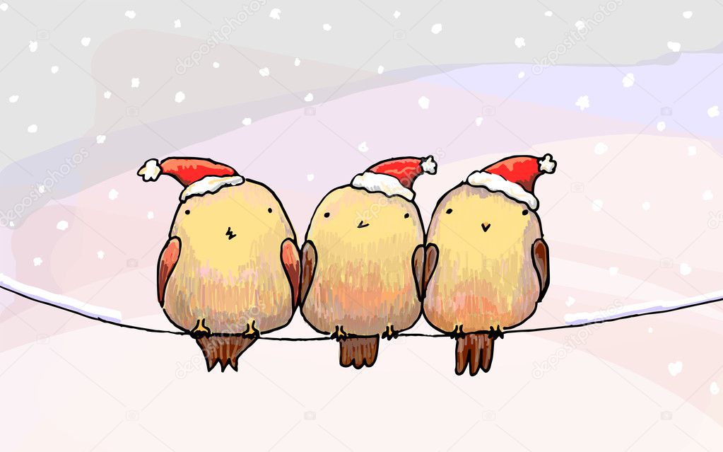 Three cute birds in Christmas hats seating on a wire.