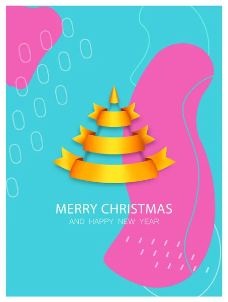Векторные рождественские и новогодние праздничные постеры с реалистичной елкой. Яркие голубые, розовые и золотые цвета. — стоковый вектор