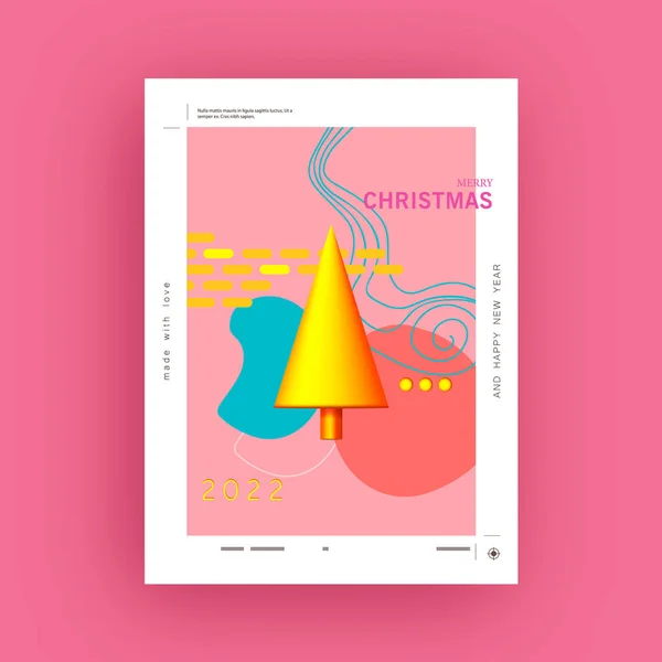 Vector Christmas and New Year holiday gift posters with realistic Christmas tree. Bright blue, pink and gold colors. — Stock Vector