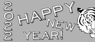 2022 yılbaşı kartında kaplanın resmedildiği zodyak beyaz harfler kaplanı temsil ediyor, yani zodyak. Gri arka planda kaplan başı