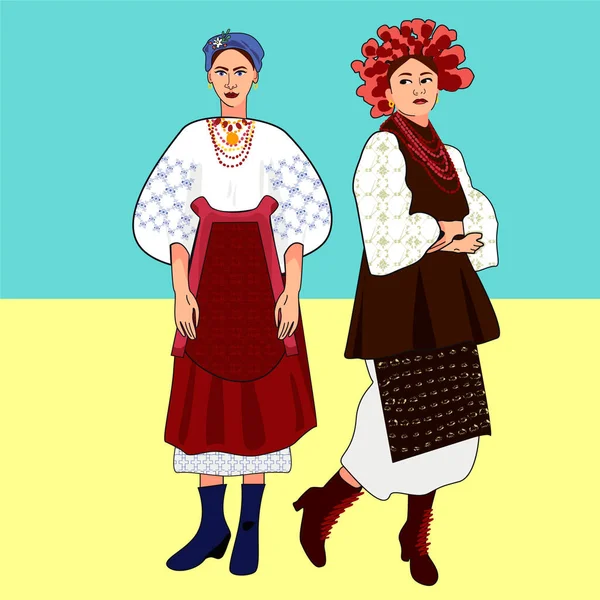 Sarı-mavi arka planda ulusal kostümlü iki Ukraynalı kız.