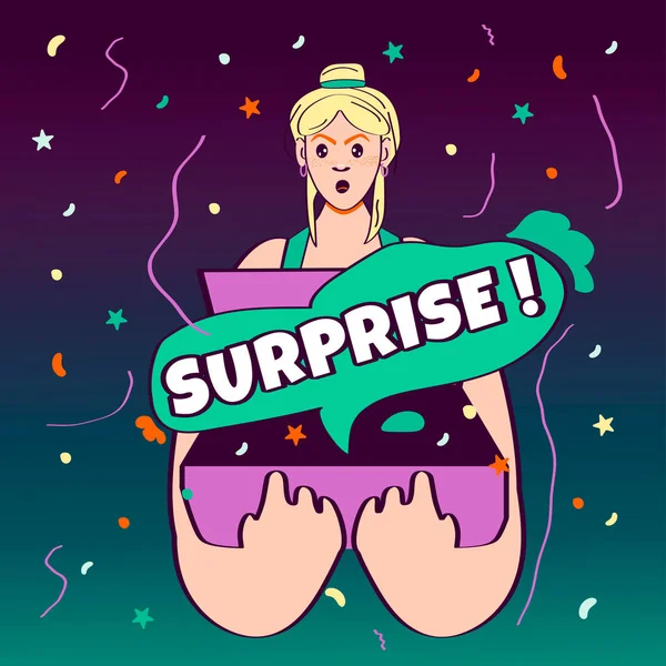 Shocked woman with box  avatar illustration. Illustration on a violet-turquoise background