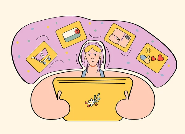 Cute illustration of online ordering site. A girl with a golden laptop