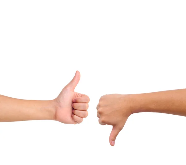 Thumb up and thumb down hand signs — Stock Photo, Image